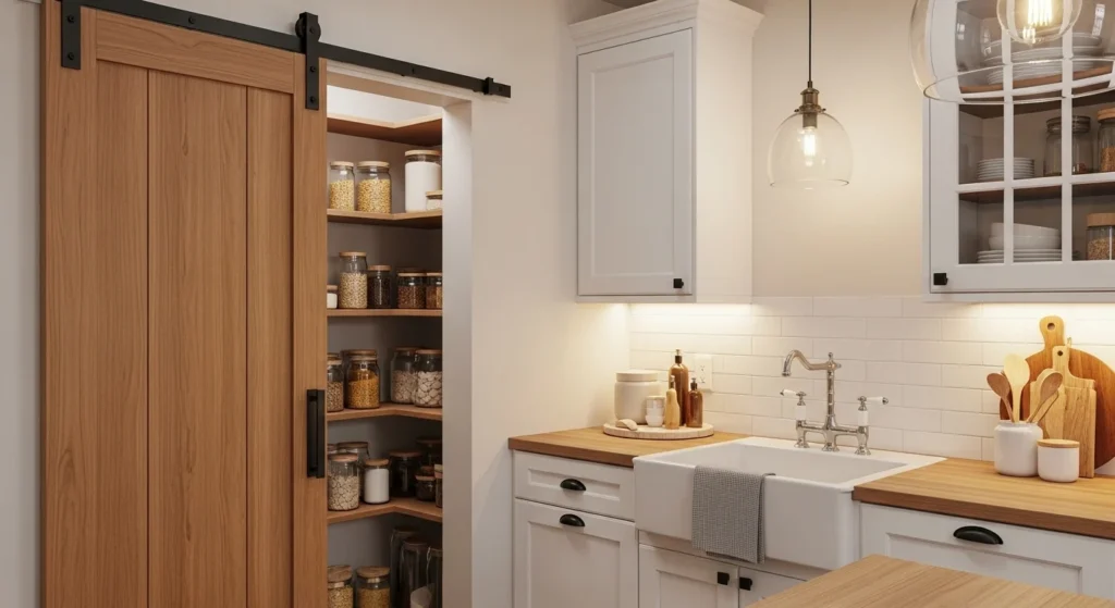 Small pantry with modern sliding barn door saving kitchen space
