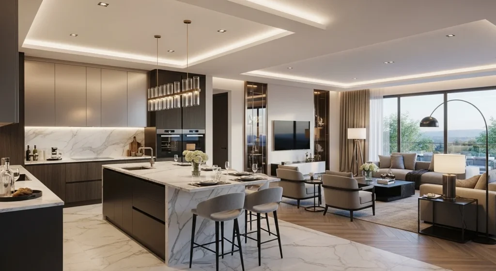 Elegant open kitchen living room with marble surfaces and premium modern furniture