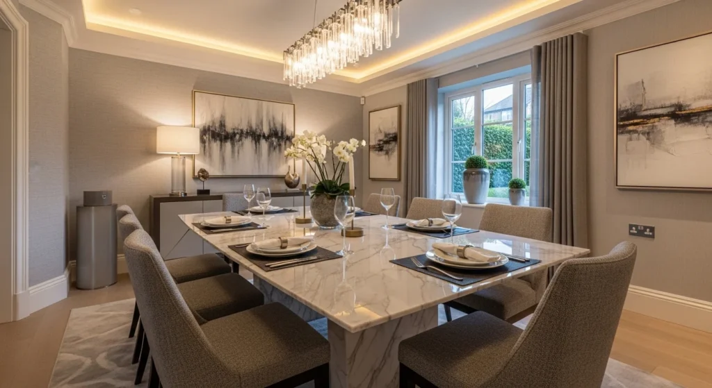 Elegant dining room with marble dining table and sophisticated modern decor