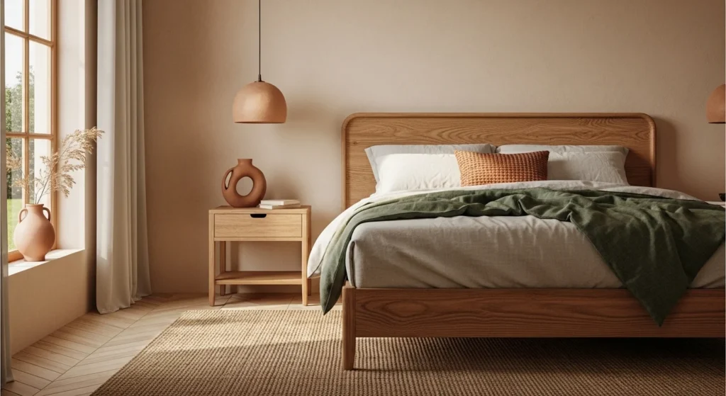 Warm earth tone minimalist bedroom with natural textures and calming interior styling