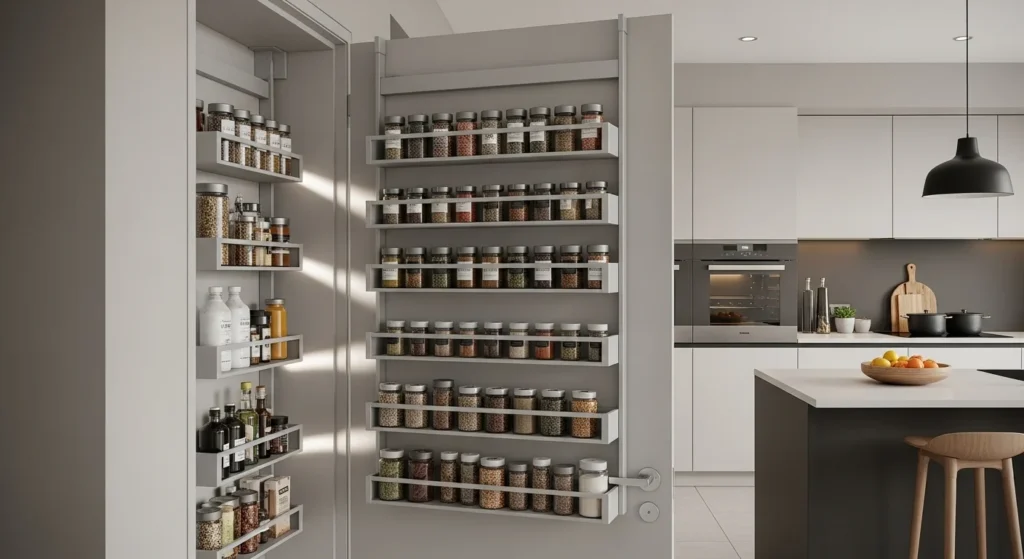 Pantry door mounted racks storing spices and small kitchen items efficiently.