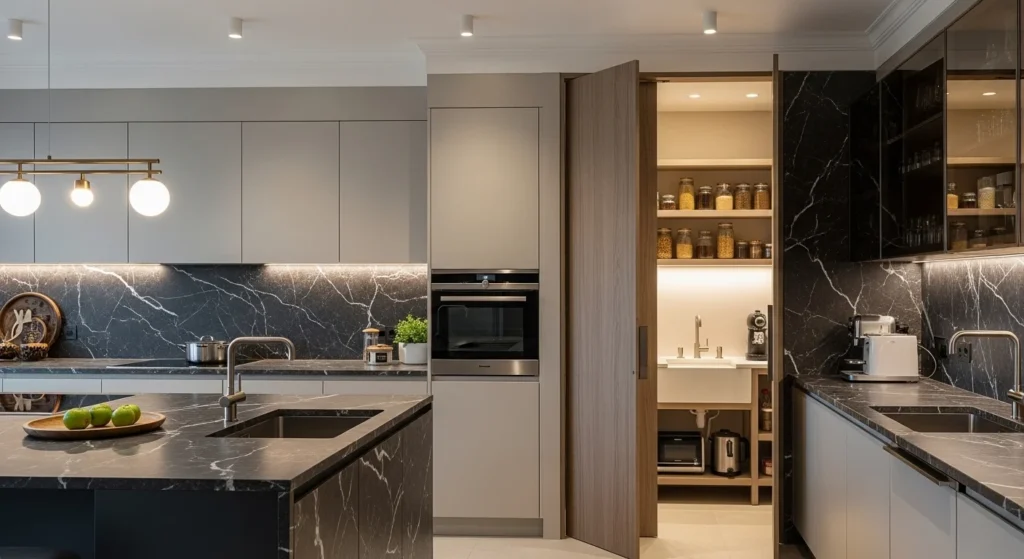 Elegant butler’s pantry hidden behind a concealed door with extra prep space and storage.