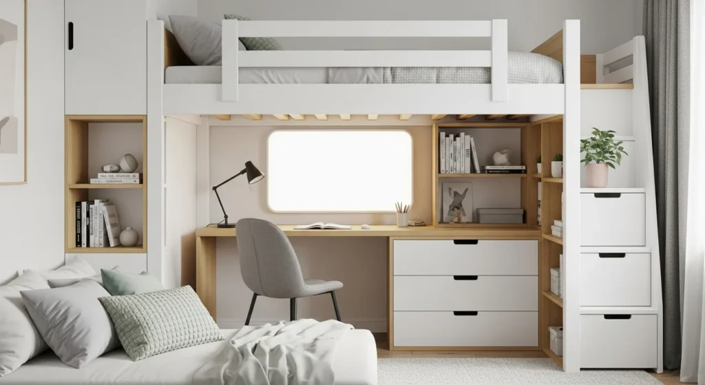 Modern loft bed ideas for 2026 small spaces with functional under-bed storage and minimalist design