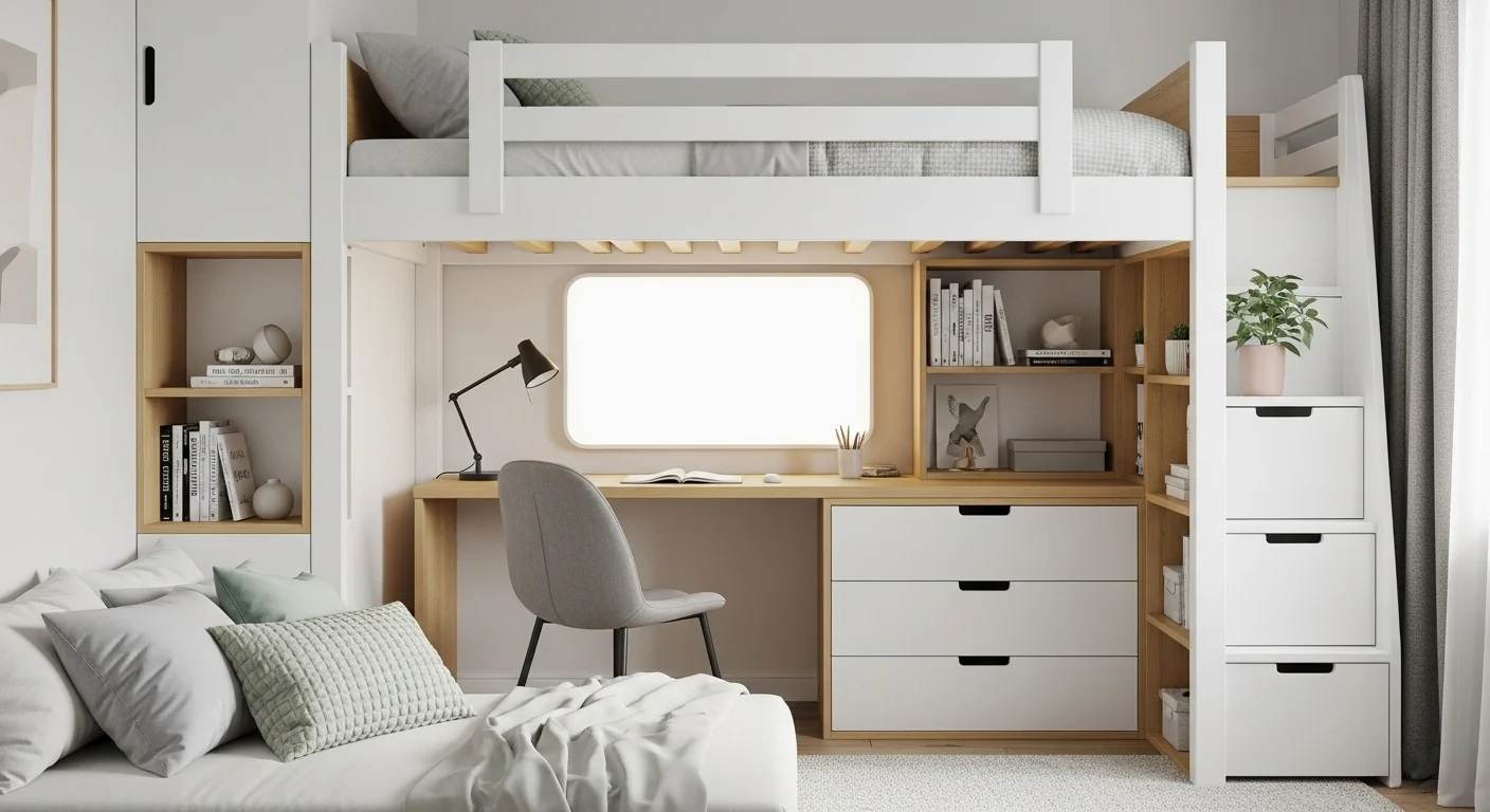 Modern loft bed ideas for 2026 small spaces with functional under-bed storage and minimalist design