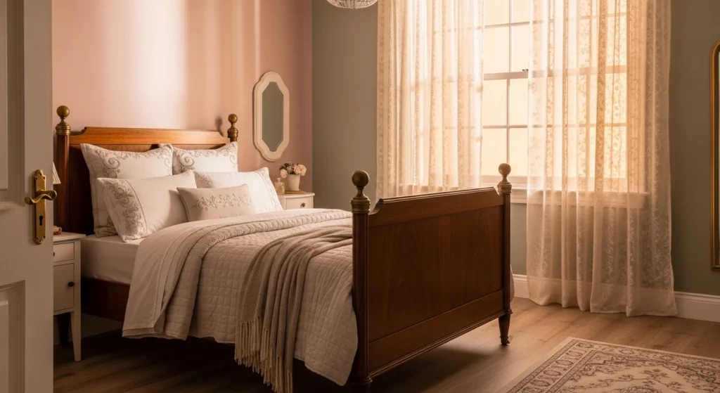Vintage bedroom design with antique furniture, soft pastel tones, and warm lighting for timeless 2026 charm
