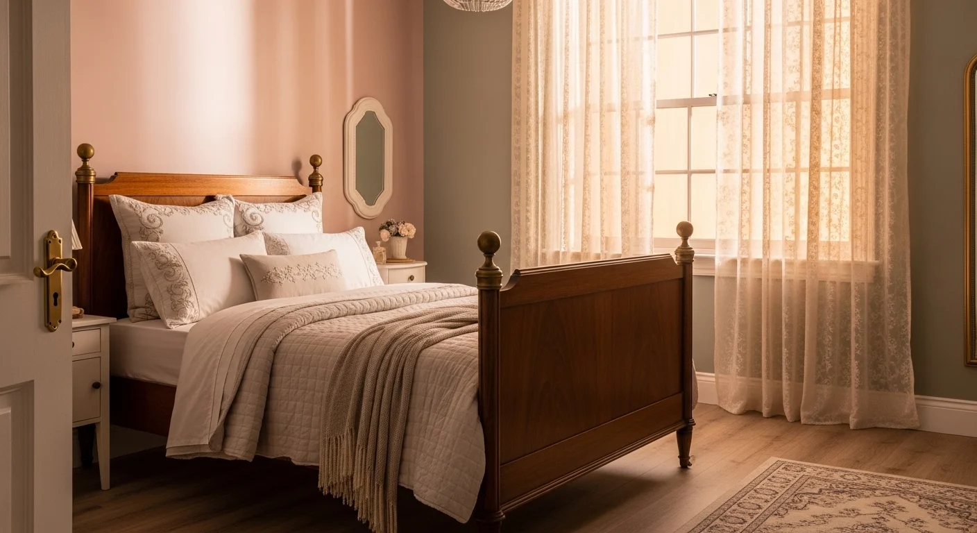 Vintage bedroom design with antique furniture, soft pastel tones, and warm lighting for timeless 2026 charm