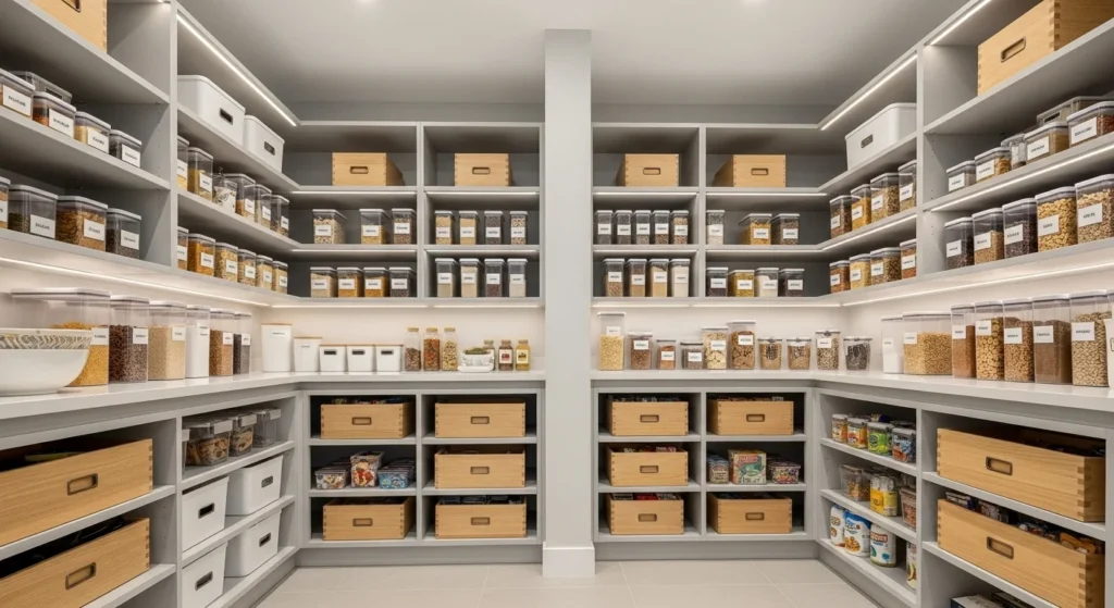 Modern kitchen food pantry with clear containers, labeled storage, neutral colors, and organized shelving designed for 2026 homes