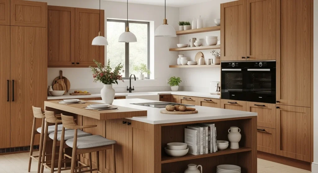 Modern wood kitchen design for 2026 with wooden cabinets, island, open shelving, and warm inviting interior