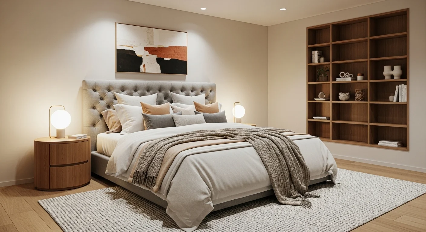 Modern cozy bedroom with stylish bed, neutral tones, layered pillows, and ambient lighting, 2026 bedroom trend