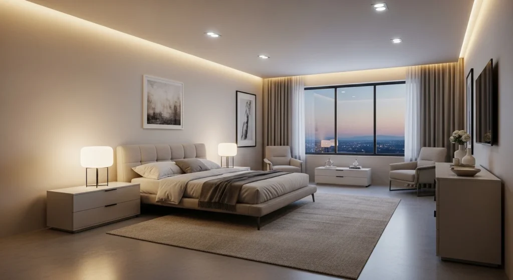 Modern bedroom layout ideas for 2026 featuring contemporary furniture, soft lighting, and a calm, stylish interior design