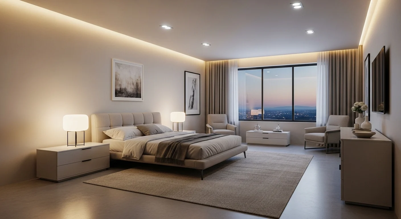 Modern bedroom layout ideas for 2026 featuring contemporary furniture, soft lighting, and a calm, stylish interior design