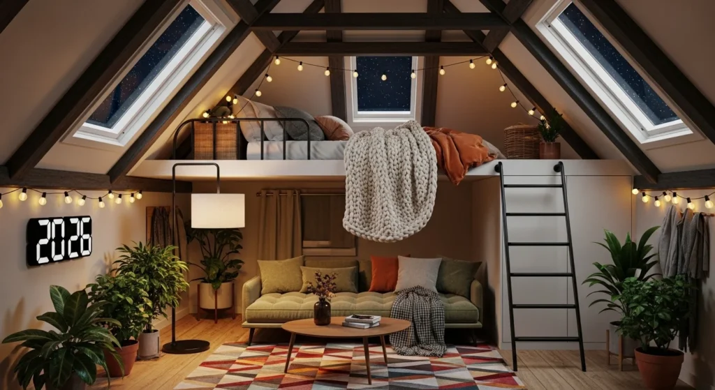 Stylish and cozy attic bedroom in 2026 with skylights, wooden beams, and warm lighting