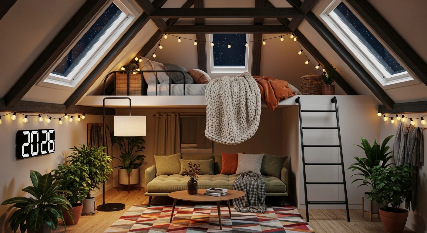 Stylish and cozy attic bedroom in 2026 with skylights, wooden beams, and warm lighting