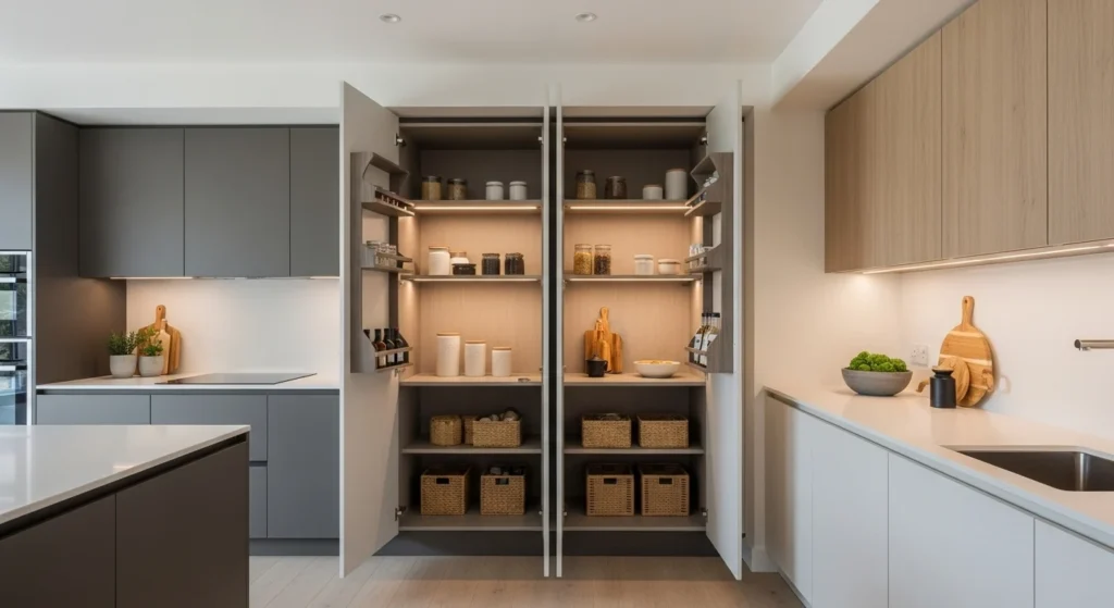 Modern kitchen with a hidden pantry concealed behind seamless cabinets, clean design and organized storage for 2026 homes