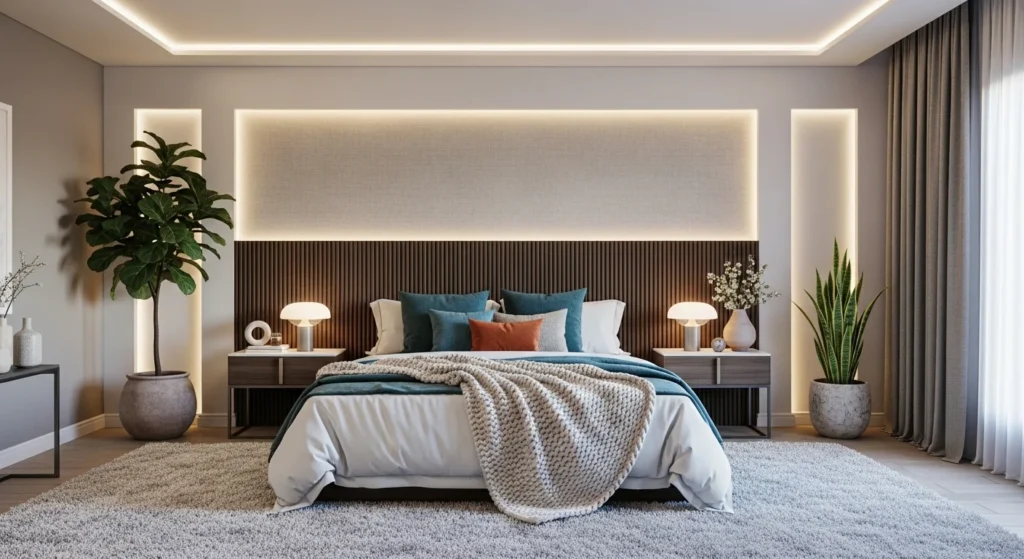 Stylish 2026 bedroom with modern decor, layered textures, ambient lighting, and cozy accents