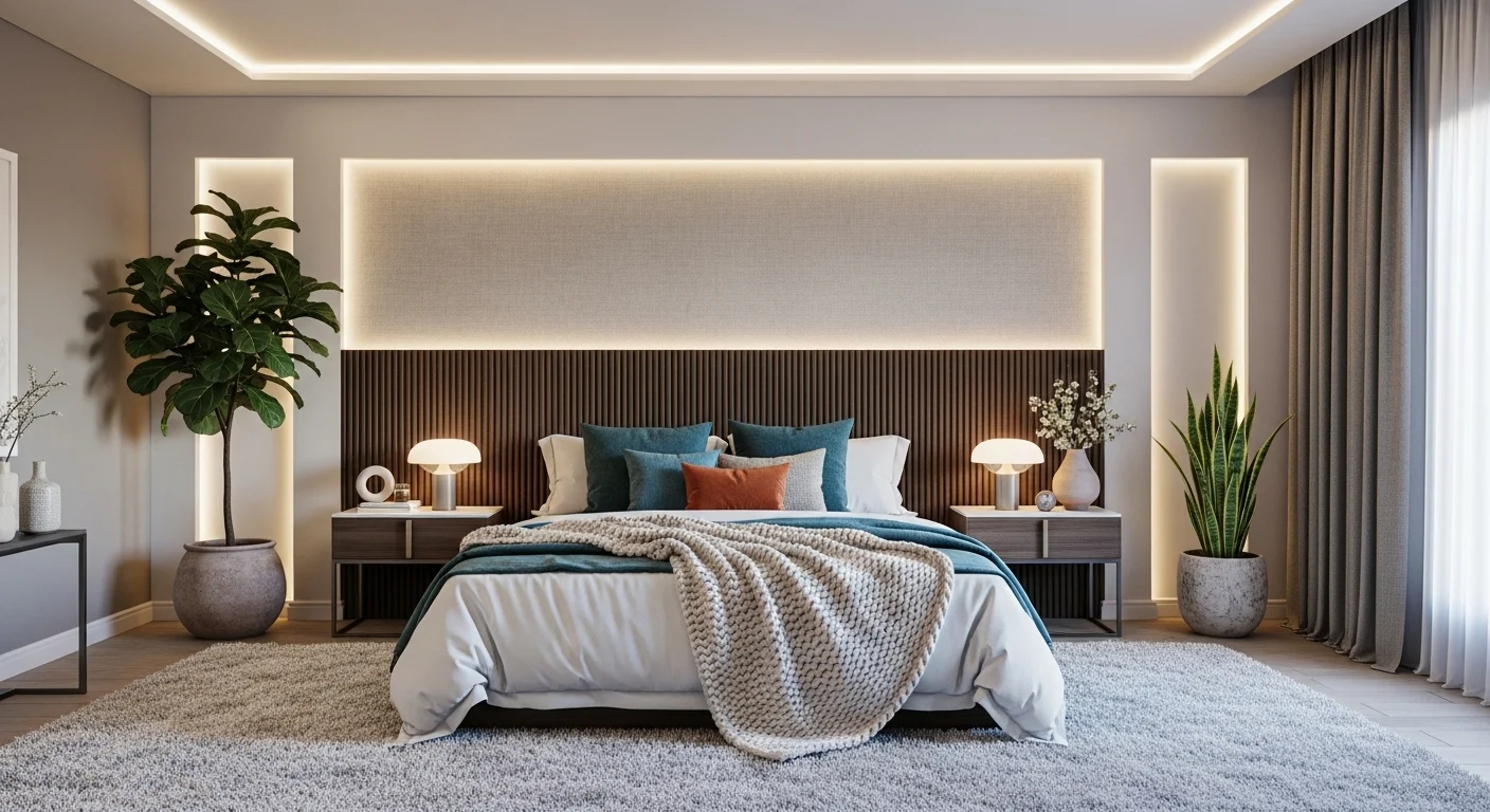 Stylish 2026 bedroom with modern decor, layered textures, ambient lighting, and cozy accents