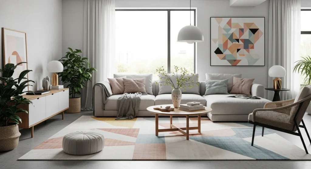 Stylish modern living room with layered rugs, geometric patterns, and cozy seating in 2026 interior design