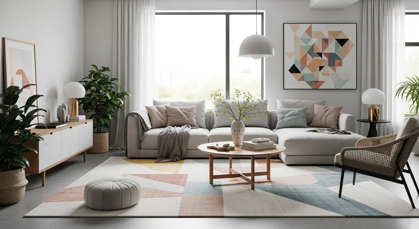 Stylish modern living room with layered rugs, geometric patterns, and cozy seating in 2026 interior design