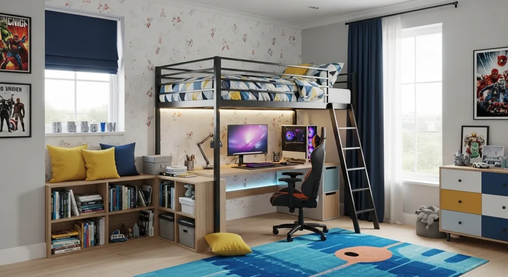 Modern boys bedroom with loft bed, gaming setup, colorful accents, and stylish 2026 design