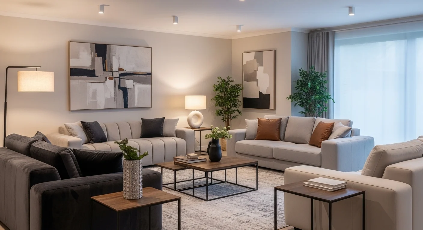 Modern living room featuring stylish 2026 sofa designs with cozy and elegant interior