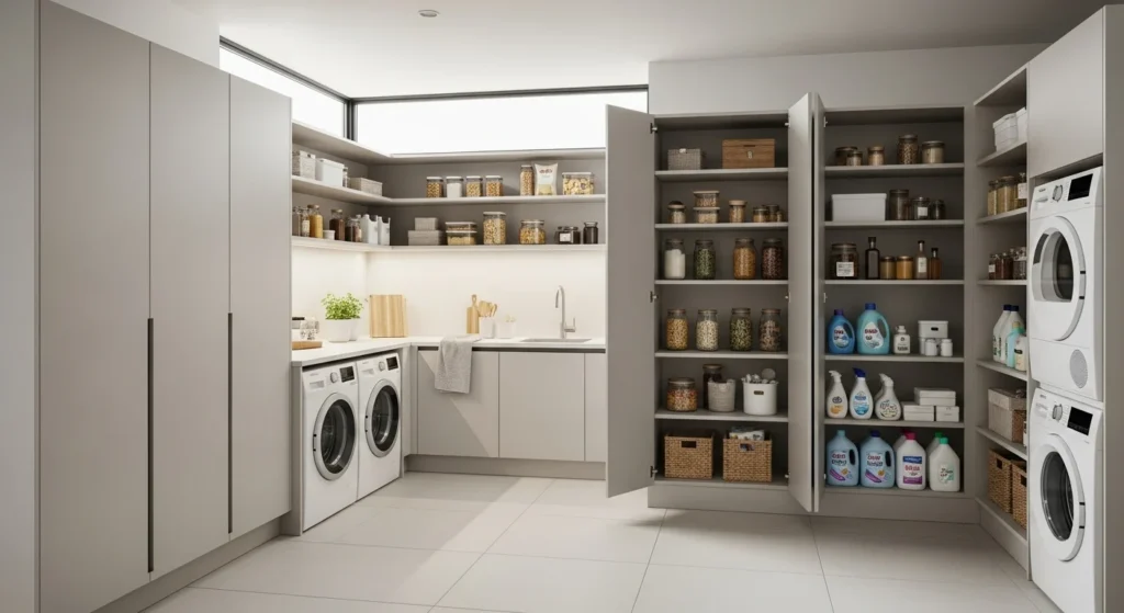 Modern laundry room featuring an integrated pantry with organized shelves, light neutral cabinets, and efficient storage for 2026 homes