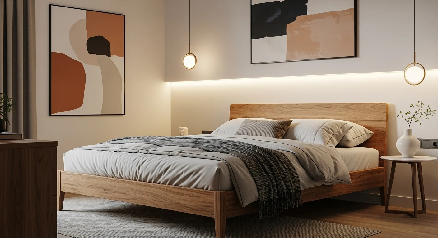 Modern 2026 bedroom with stylish wooden bed, cozy bedding, and warm natural wood accents
