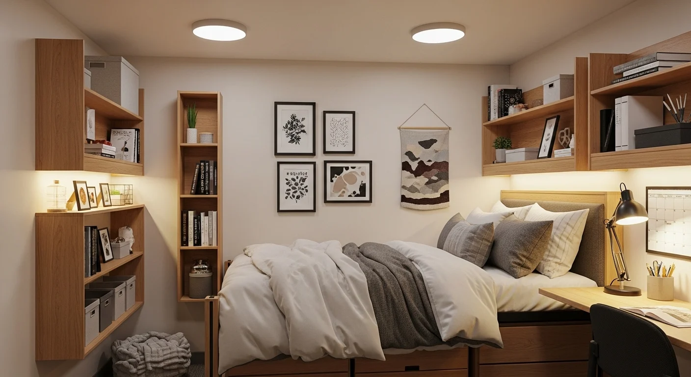 Stylish and functional college dorm room with cozy bedding, smart storage, and aesthetic decor in 2026