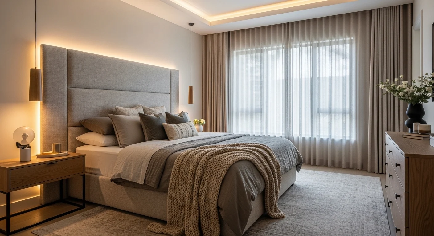 Modern bedroom remodel ideas for 2026 featuring warm neutrals, smart lighting, and stylish upgrades