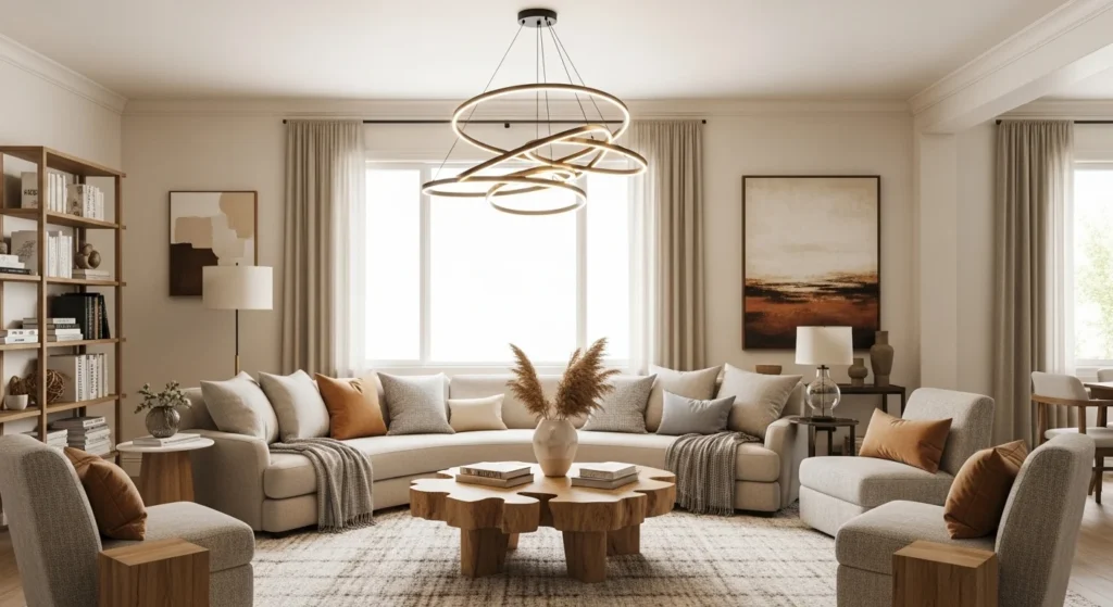 Stylish modern 2026 living room with warm neutral tones, curved sofa, layered textiles, and statement lighting