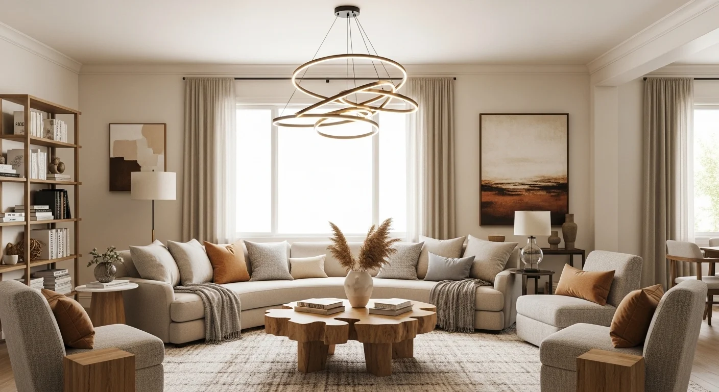 Stylish modern 2026 living room with warm neutral tones, curved sofa, layered textiles, and statement lighting