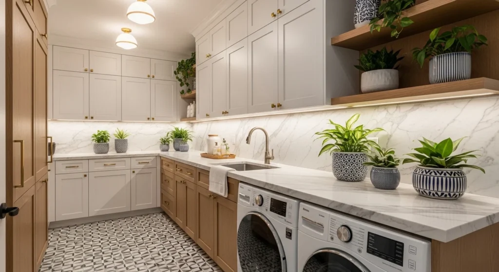 Modern 2026 laundry room remodel with white and wood cabinets, smart washer dryer and elegant interior design