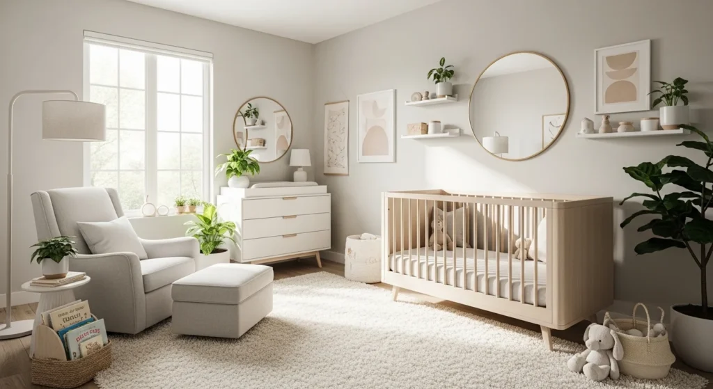 Modern 2026 nursery remodel with neutral tones, wooden crib, cozy decor and soft lighting