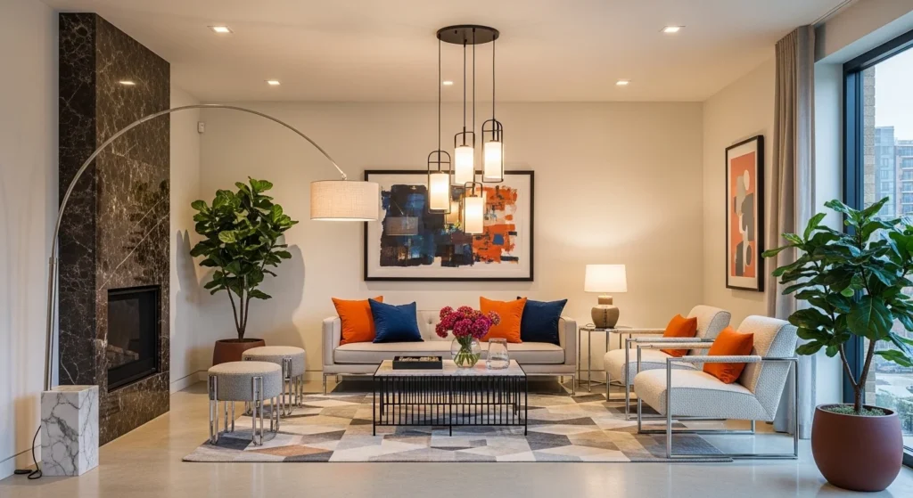 Modern 2026 parlor remodel with stylish furniture, layered lighting, indoor plants, and contemporary décor