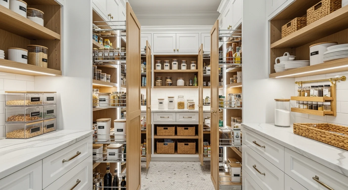 Modern 2026 kitchen pantry with white and wood cabinets, pull-out shelves, marble countertop, and organized storage
