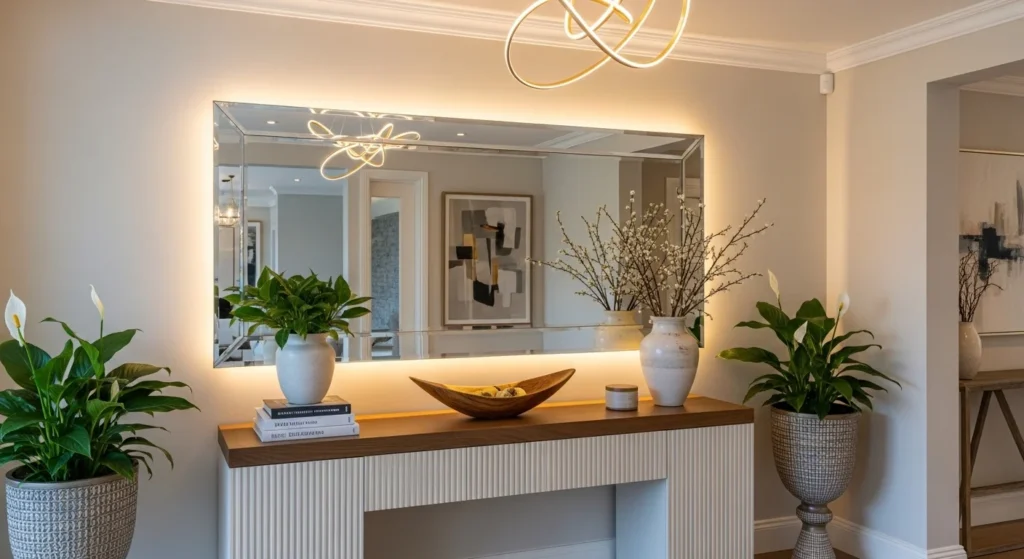 Stylish modern entryway remodel with console table, mirror, warm lighting and contemporary decor