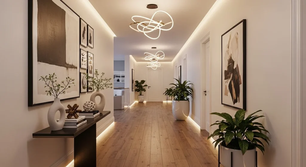 Modern hallway remodel design featuring statement lighting, wall decor and stylish interior trends for 2026 homes