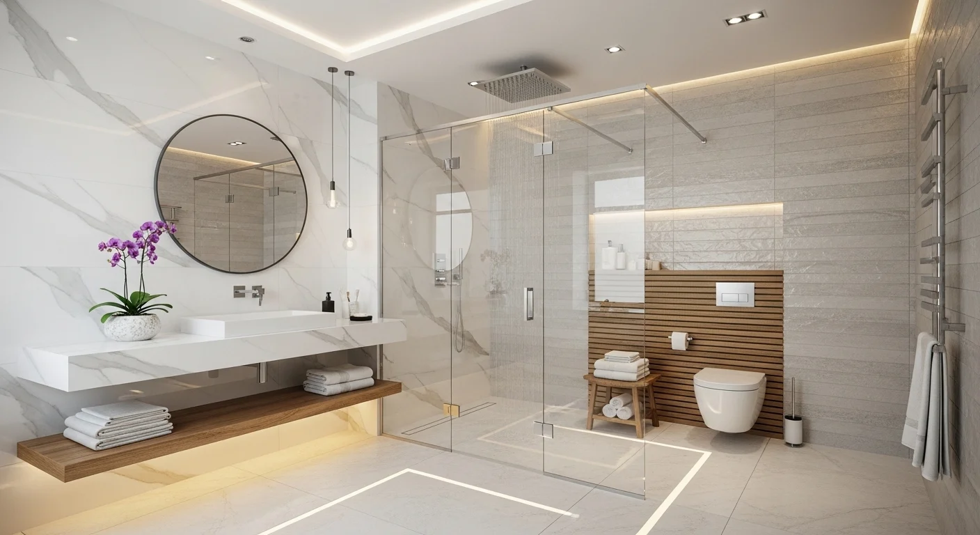 Modern 2026 bathroom with luxury shower remodel featuring frameless glass, rainfall showerhead, and elegant spa-inspired interior