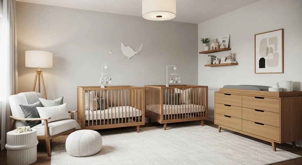 Modern cozy nursery with wooden crib, neutral tones, plush textiles, ambient lighting, and functional storage, 2026 baby room trend