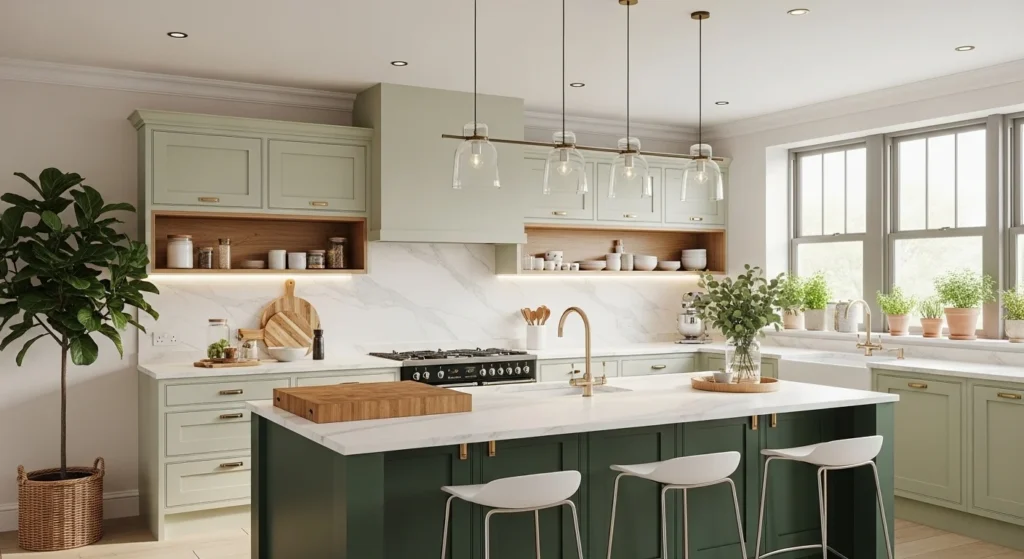 Modern green kitchen with wood accents, marble countertops, and warm lighting showcasing fresh 2026 kitchen design trends