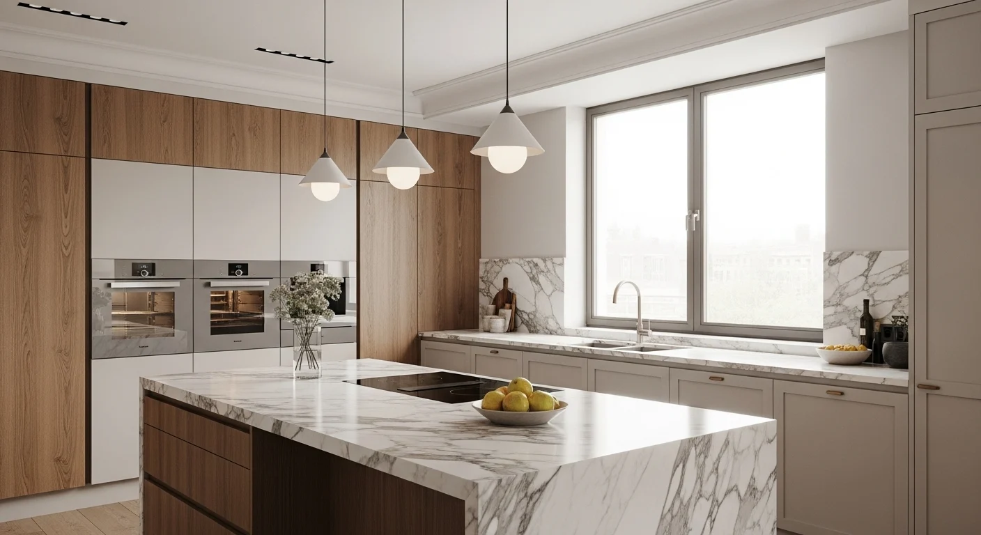 Modern stylish kitchen with statement island, warm wood cabinets, marble countertop and contemporary 2026 design