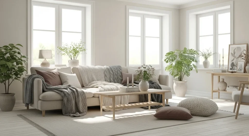 Modern Scandinavian living room with neutral tones, wooden furniture, cozy textiles, and bright natural light, 2026 interior trend