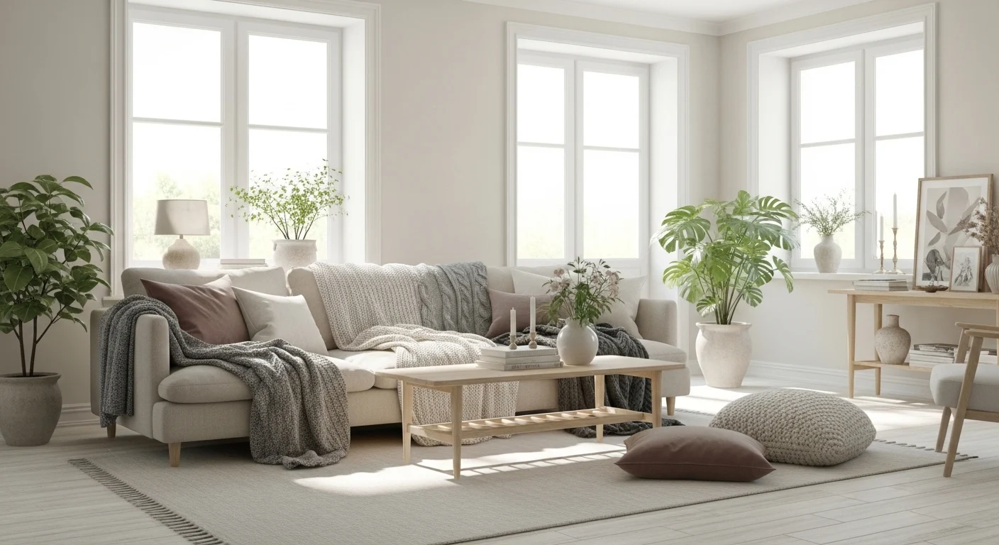 Modern Scandinavian living room with neutral tones, wooden furniture, cozy textiles, and bright natural light, 2026 interior trend