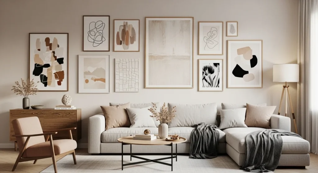 Stylish modern living room showcasing trending wall art ideas including gallery walls, abstract art, and contemporary decor for 2026 interiors
