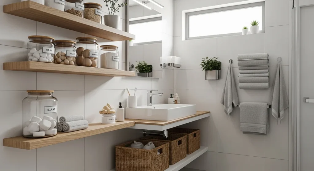 Modern organized bathroom showcasing smart storage solutions and space-saving bathroom organizer ideas for 2026