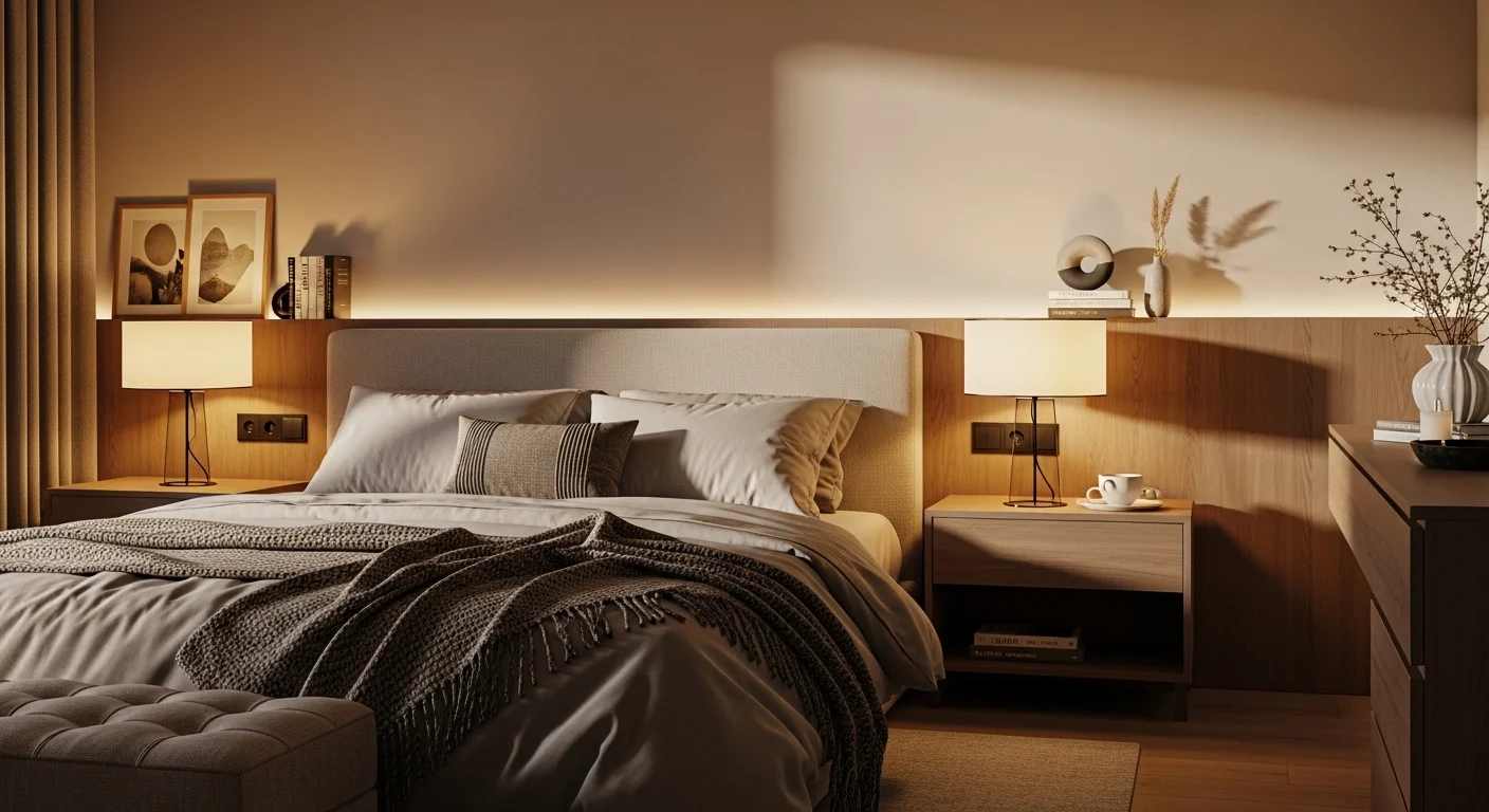 Modern cozy bedroom with stylish lamps and warm ambient lighting trends for 2026 bedroom decor inspiration