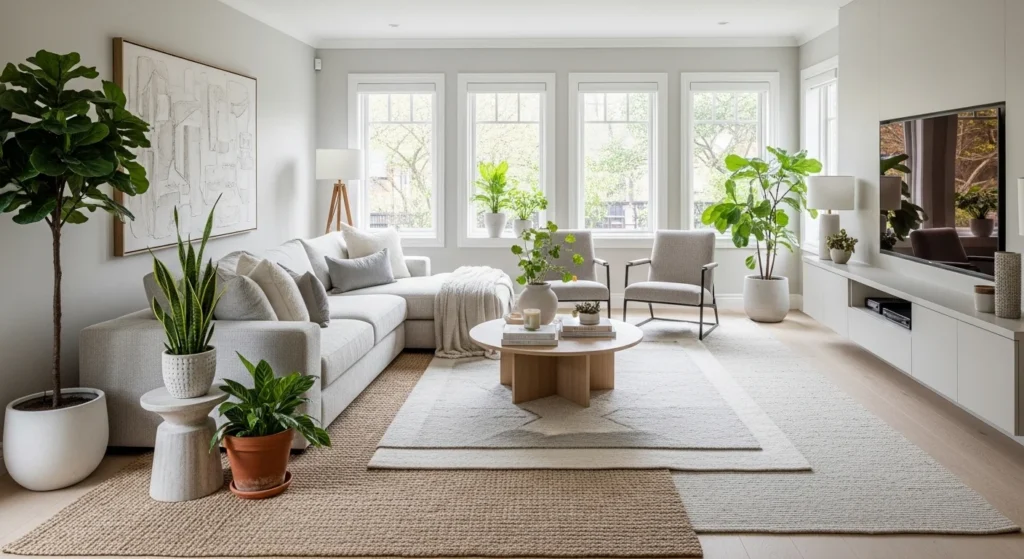 Stylish modern living room with neutral colors, cozy sofa, layered rugs, and indoor plants, representing 2026 interior design trends