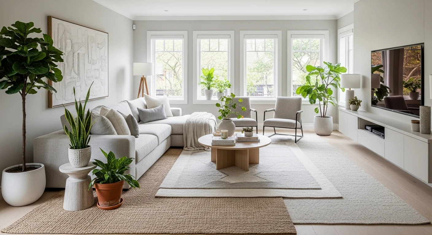 Stylish modern living room with neutral colors, cozy sofa, layered rugs, and indoor plants, representing 2026 interior design trends
