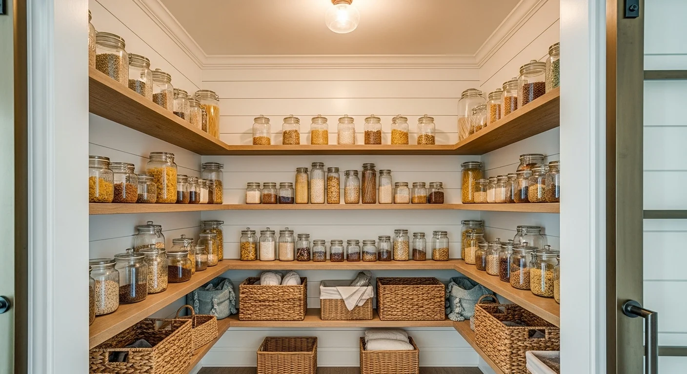 Farmhouse kitchen pantry with open wooden shelves, glass jars, wicker baskets, and warm rustic details designed for 2026 kitchens