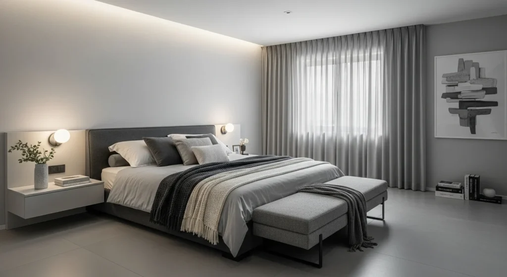 Modern grey bedroom interior with stylish furniture and cozy minimalist design for 2026