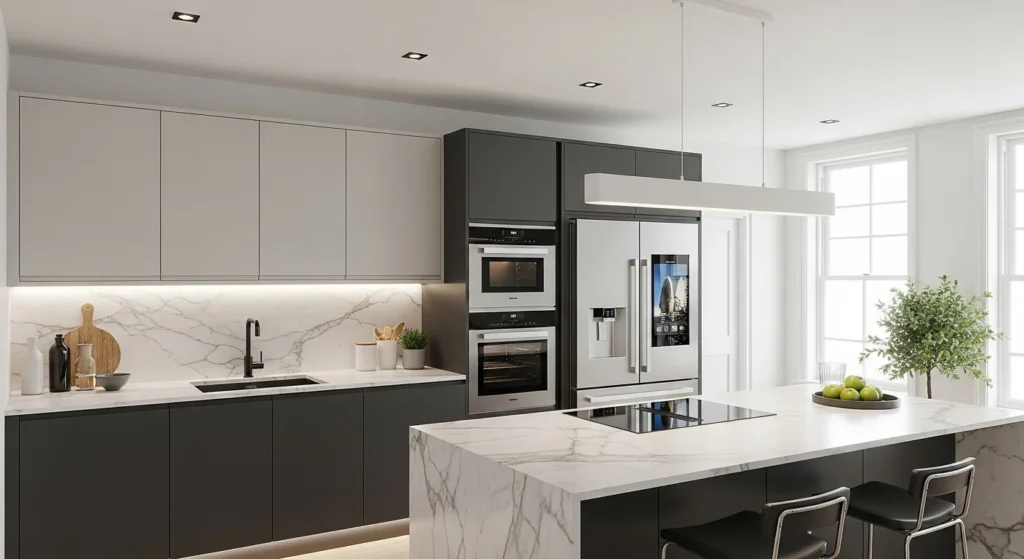 Stylish modern kitchen design showcasing contemporary layouts, bold cabinetry, and smart appliances for 2026 interiors